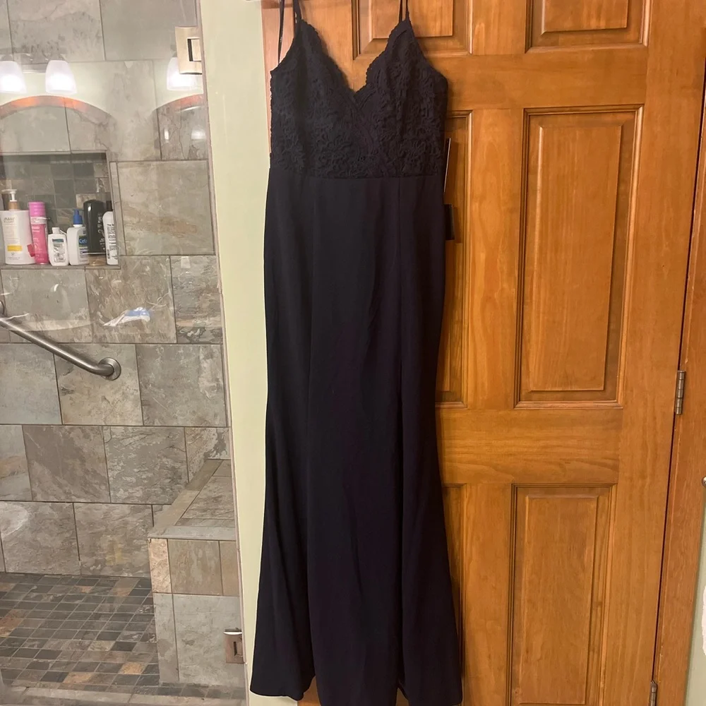 Navy blue wedding guest formal long dress - Picture 3 of 4
